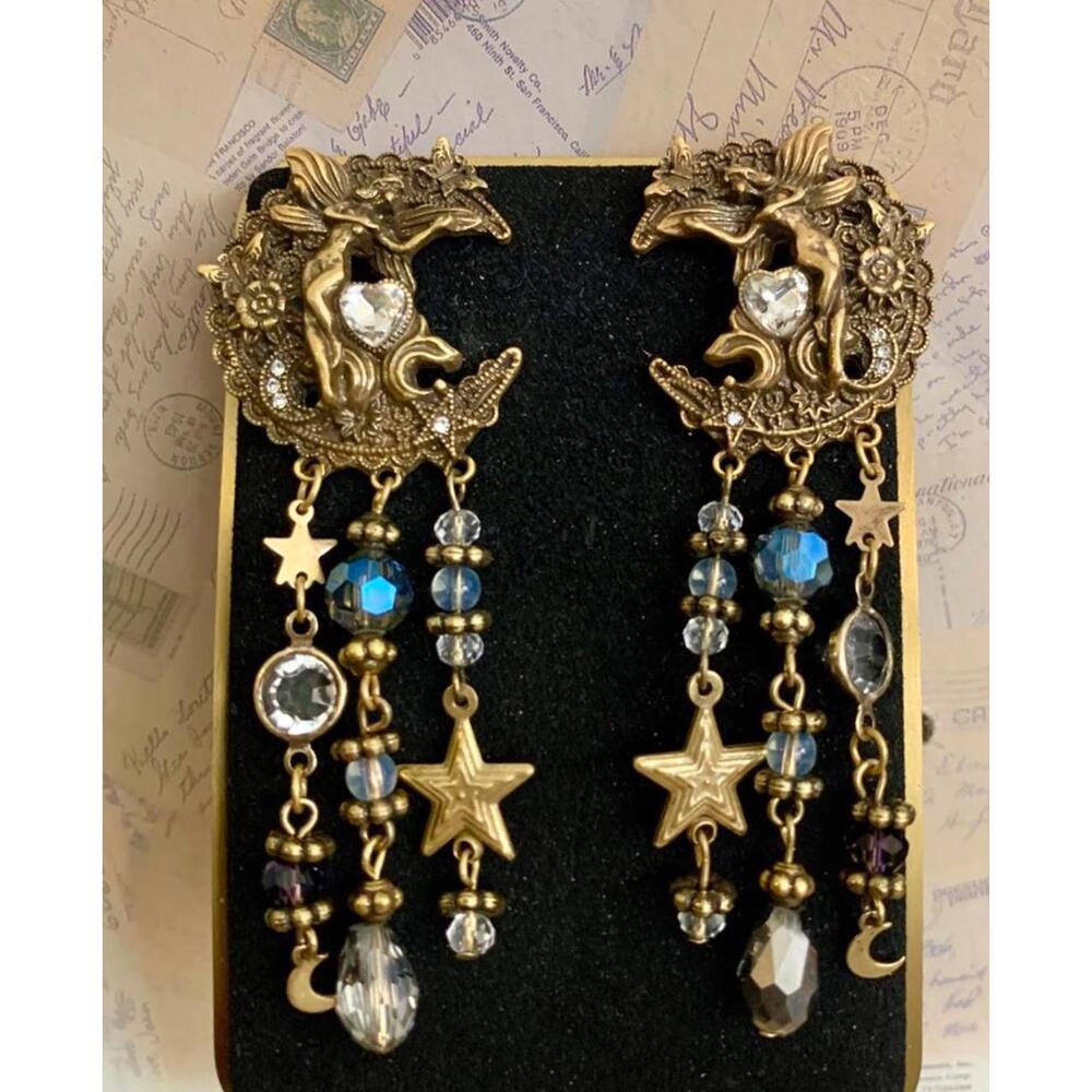 Fairy Moon Earrings Celestial Star Dangle Fantasy Designer